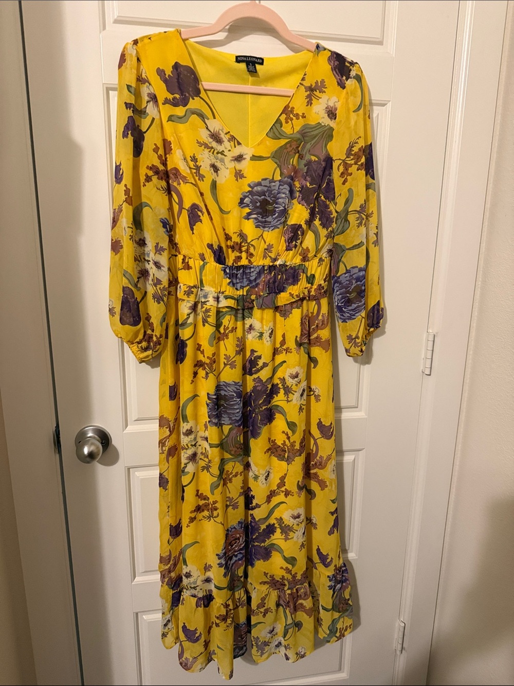 Nina Leonard Yellow Floral Midi Dress with Purple Accents